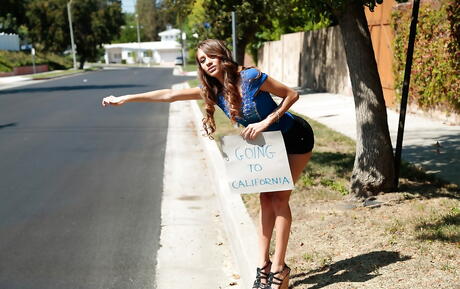 Superb american redhead Rebel Lynn in sexy shorts banged in her bald pussy after wet blowjob outside