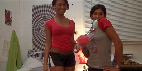 Amazing coeds Alicia Star and Chanel denudes big knockers and hot asses 