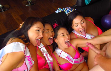 Very attractive women Vicki Chase, Kalina Ryu and London Keys take part in hardcore orgy in the night club